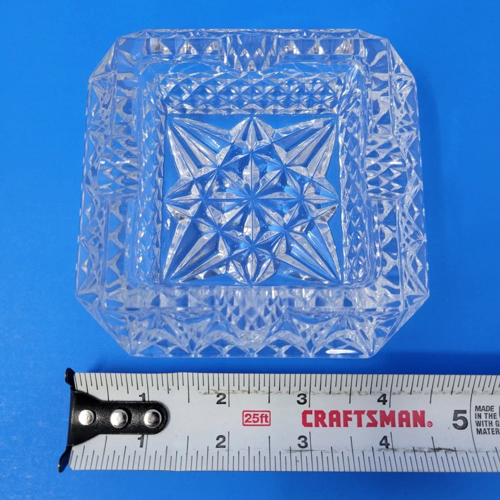 MCM Crystal Ashtray‎ Diamond Cut Square Vintage Heavy Glass Small Chip